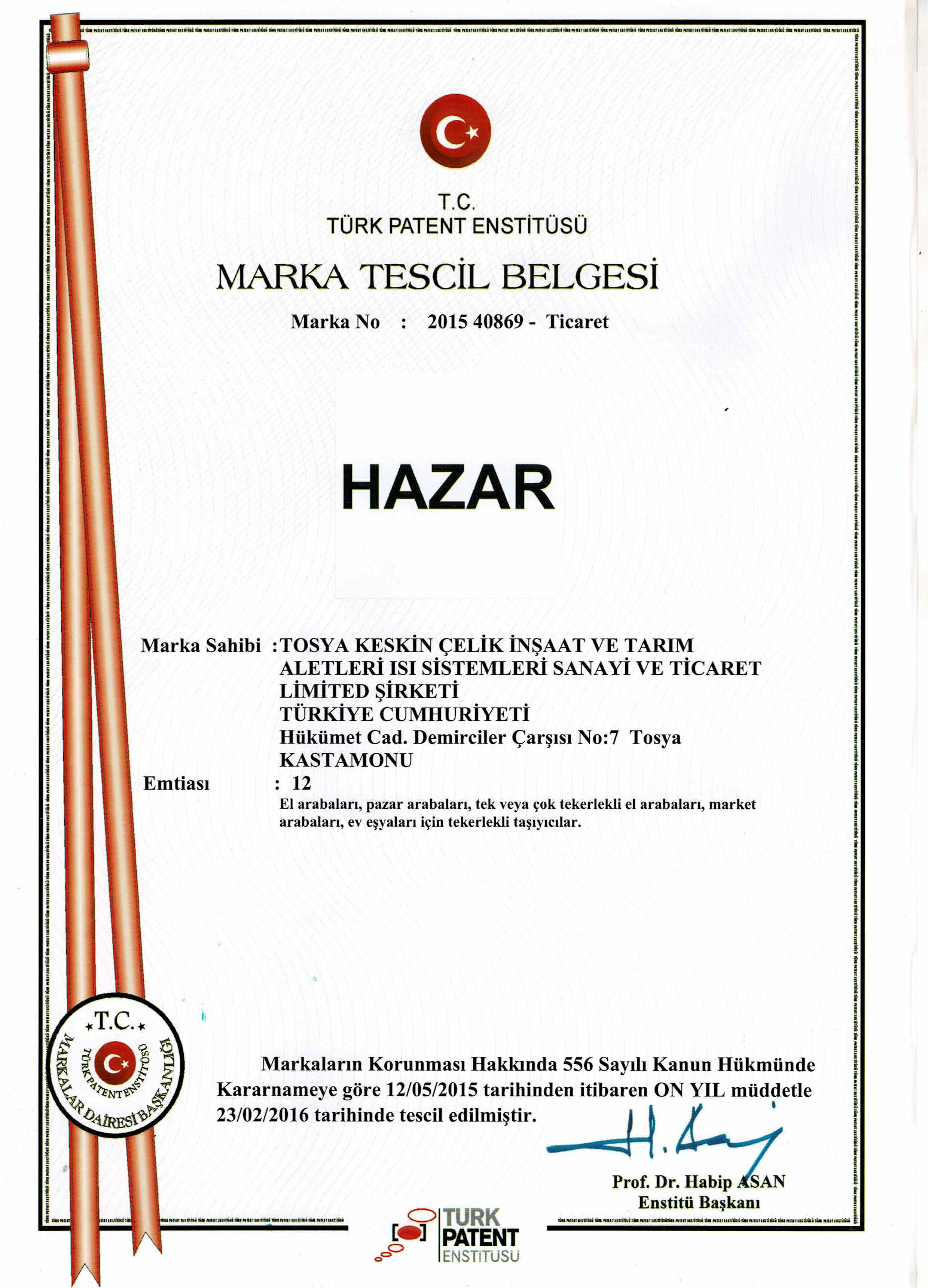 HAZAR MARKA TESCİL BELGESİ